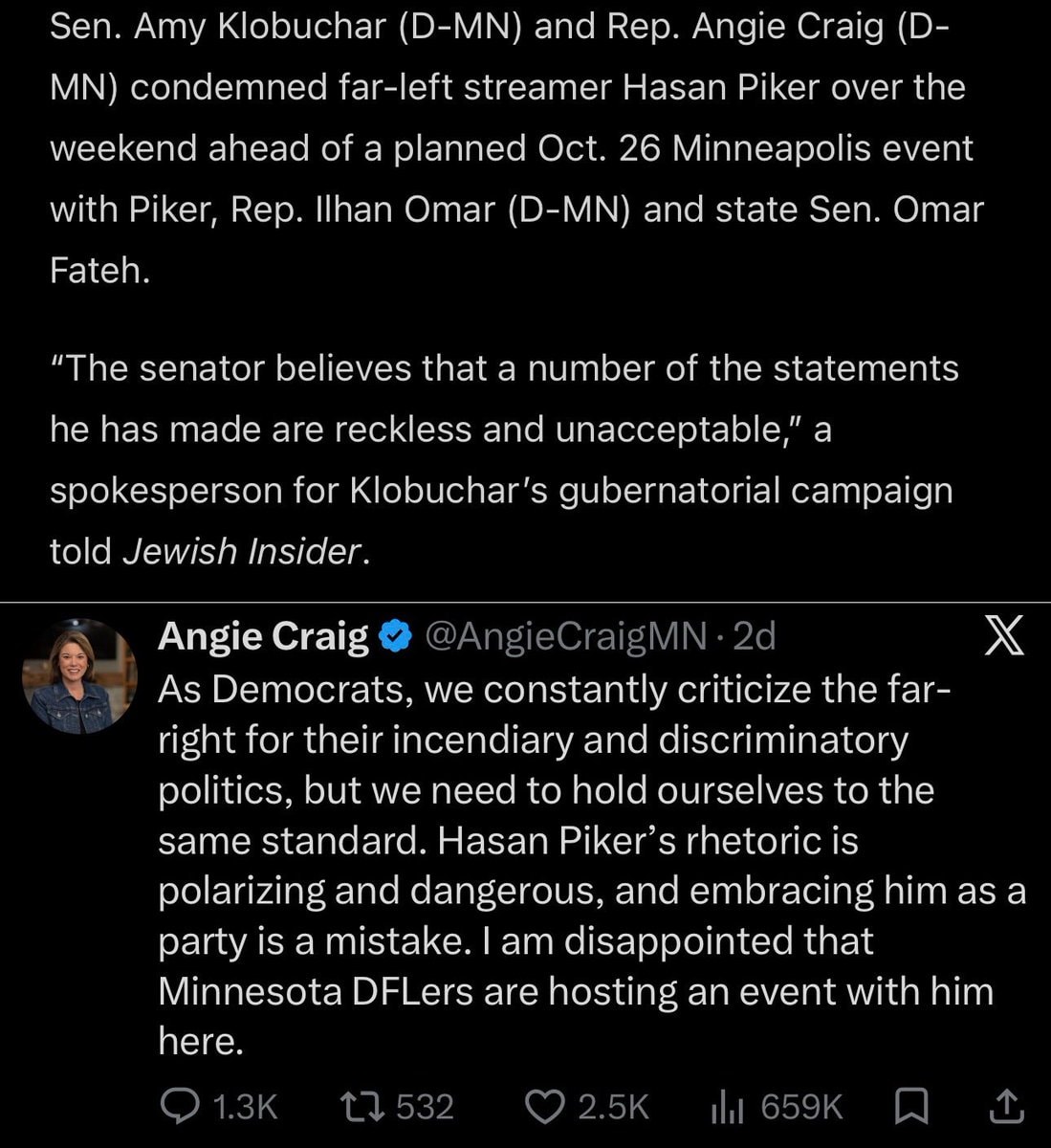Klobuchar Craig condemn Hasan Piker