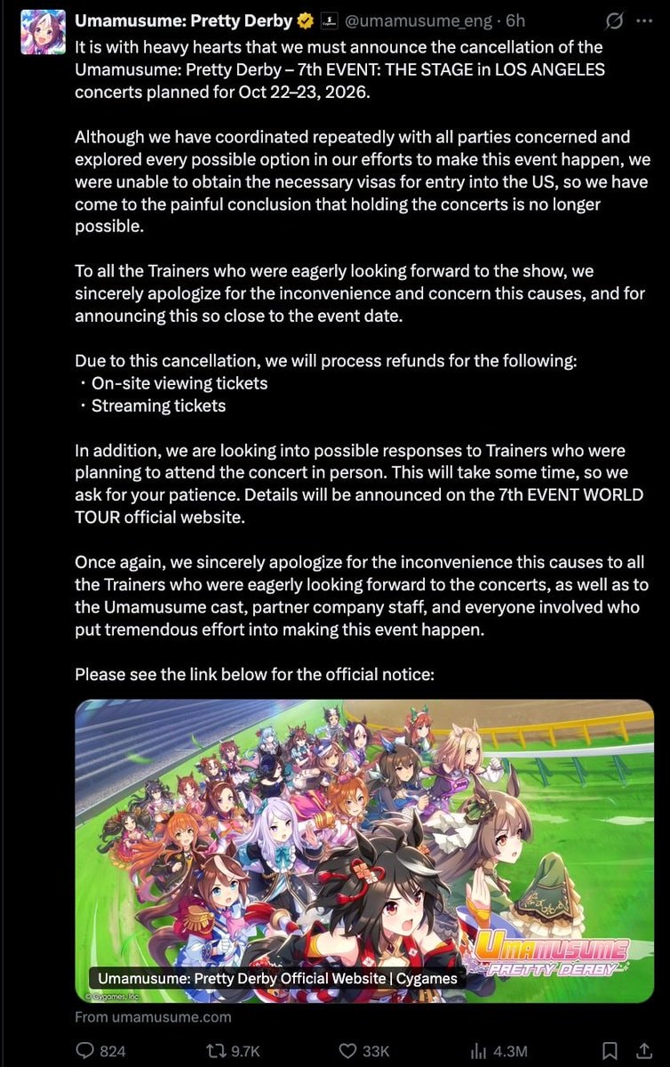 Umamusume: Pretty Derby Los Angeles concert cancellation
