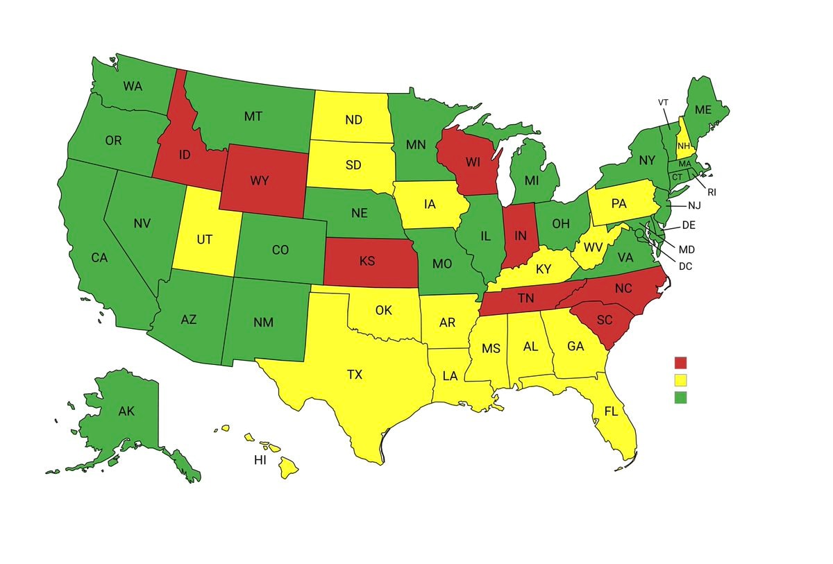 US map red yellow green law