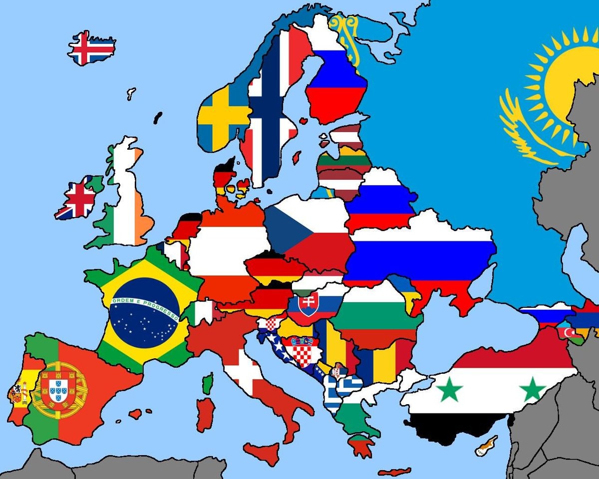 Europe map with national flags