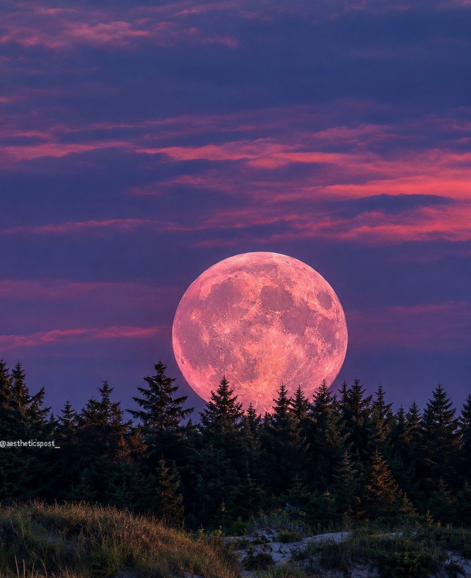 Pink Moon over forest