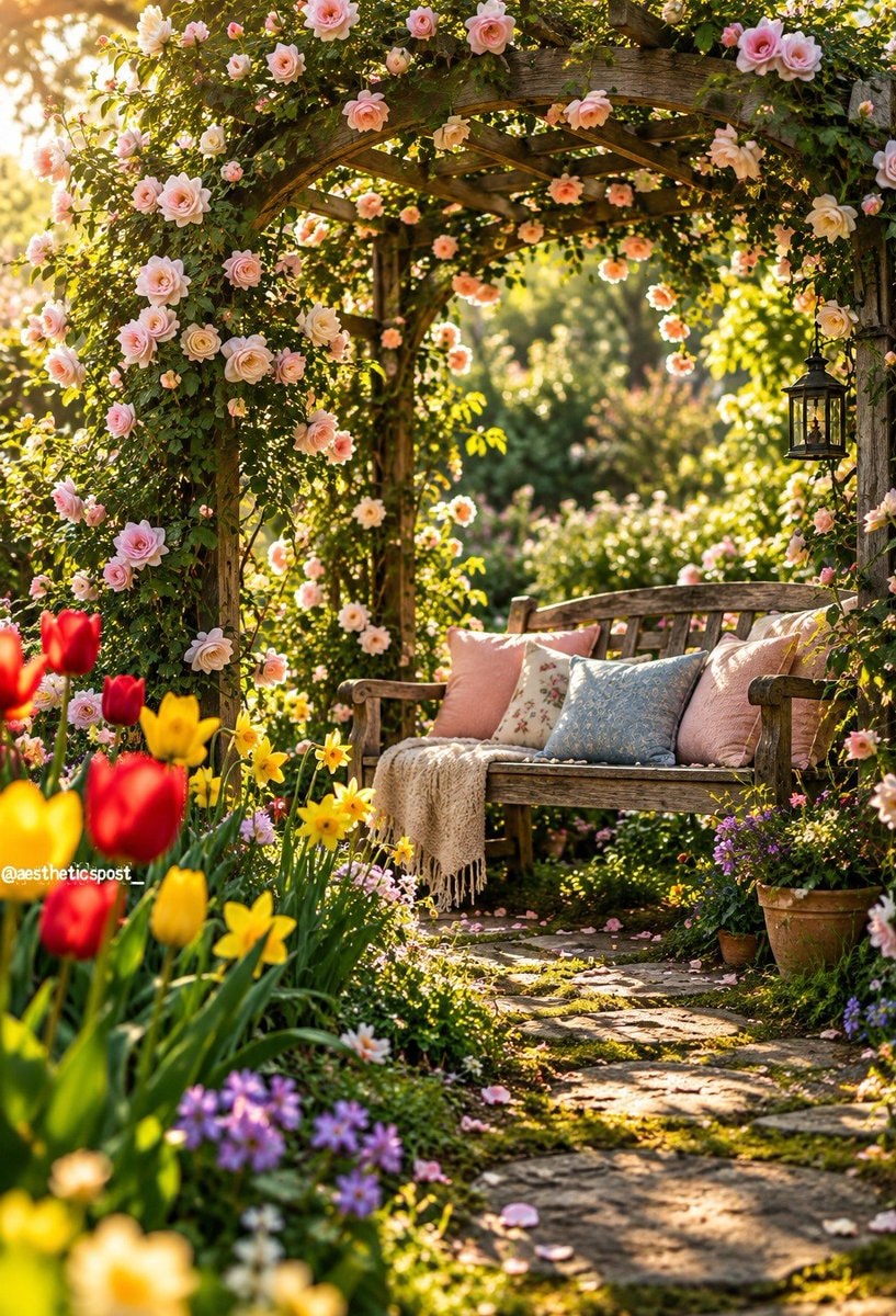serene garden with bench and flowers