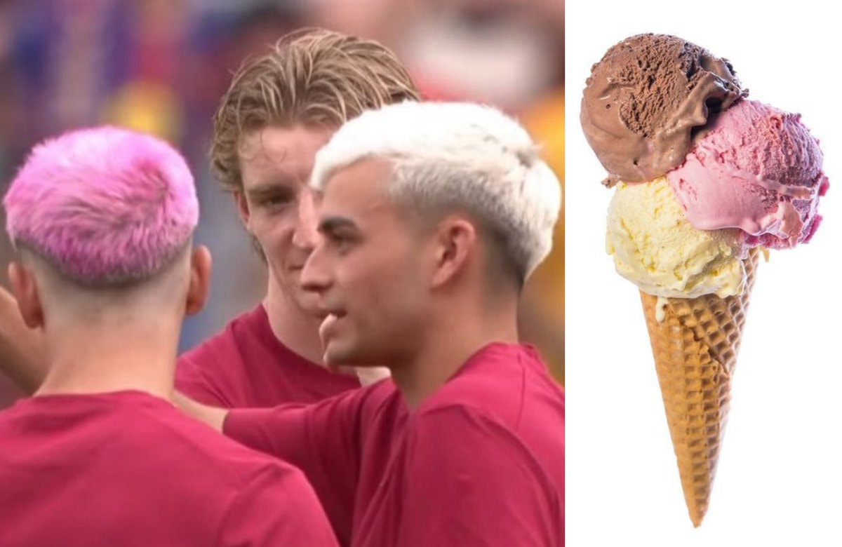 Young men in maroon shirts with pink and blonde hair