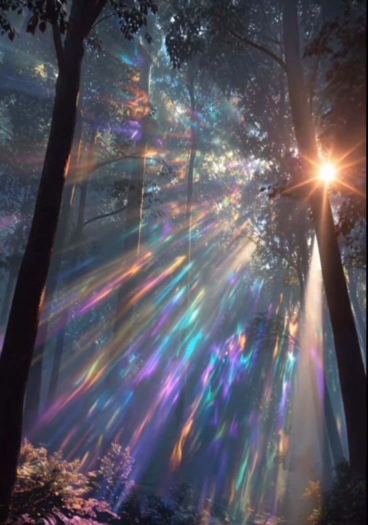 Magical forest rainbow sunlight
