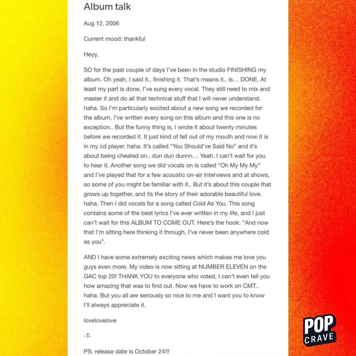 Taylor Swift MySpace debut album announcement (photo 2 of 2)