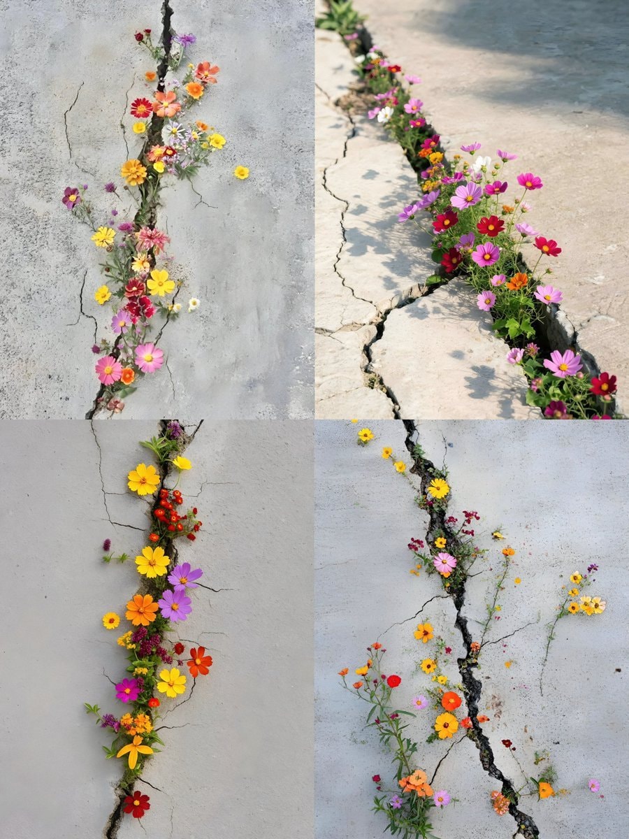 flowers growing through concrete cracks