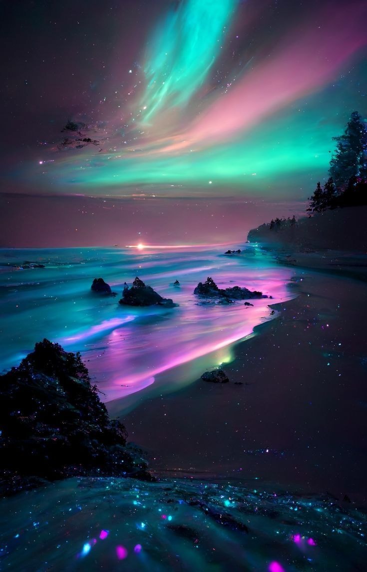 Surreal beach aurora borealis scene Surreal beach aurora borealis scene