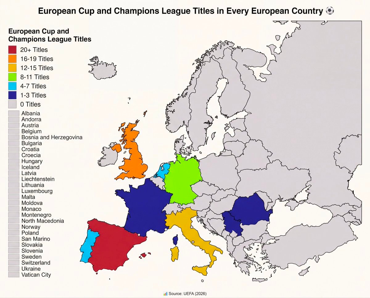 European Cup Champions League titles by country