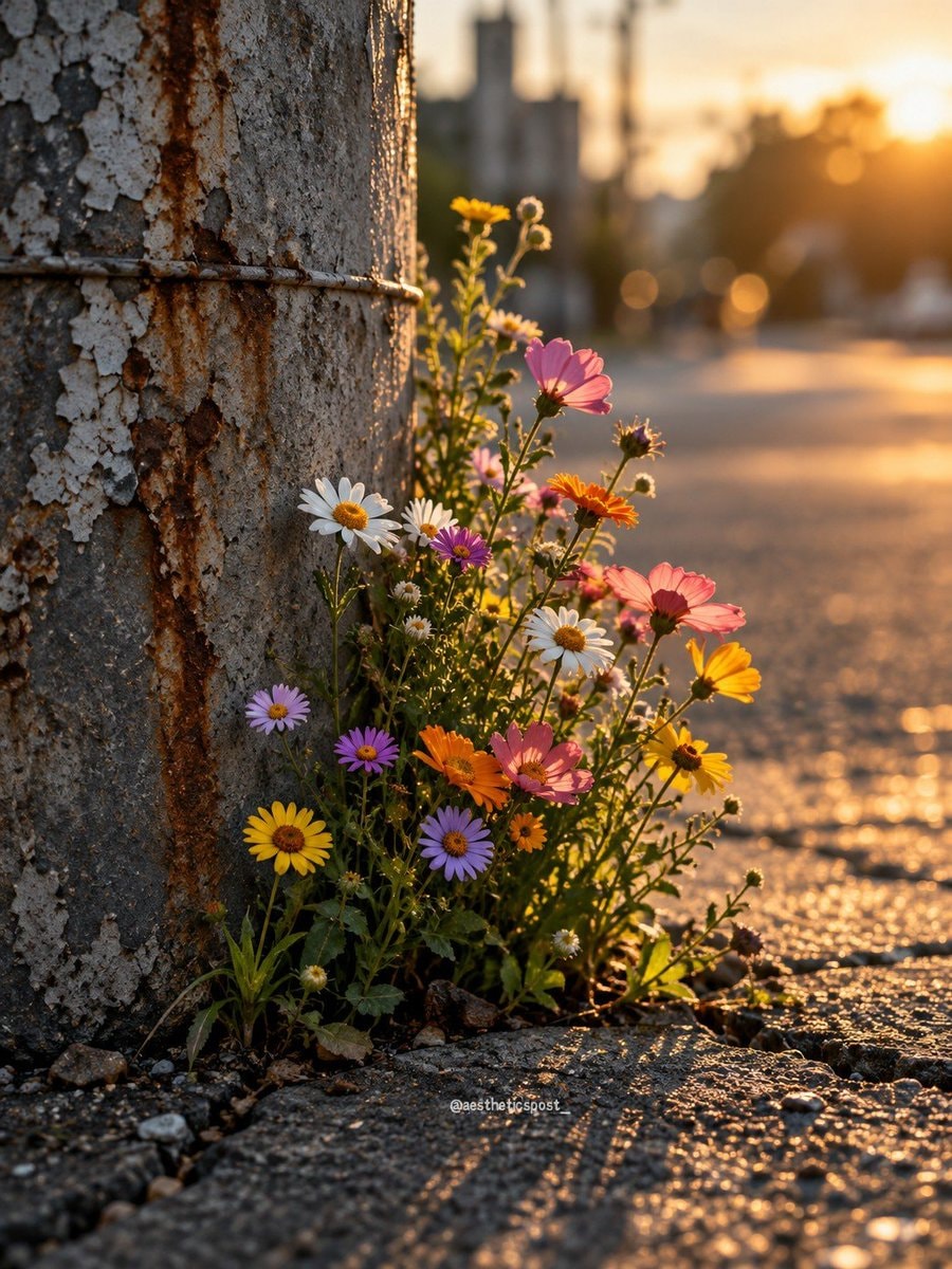 wildflowers growing from pavement crack