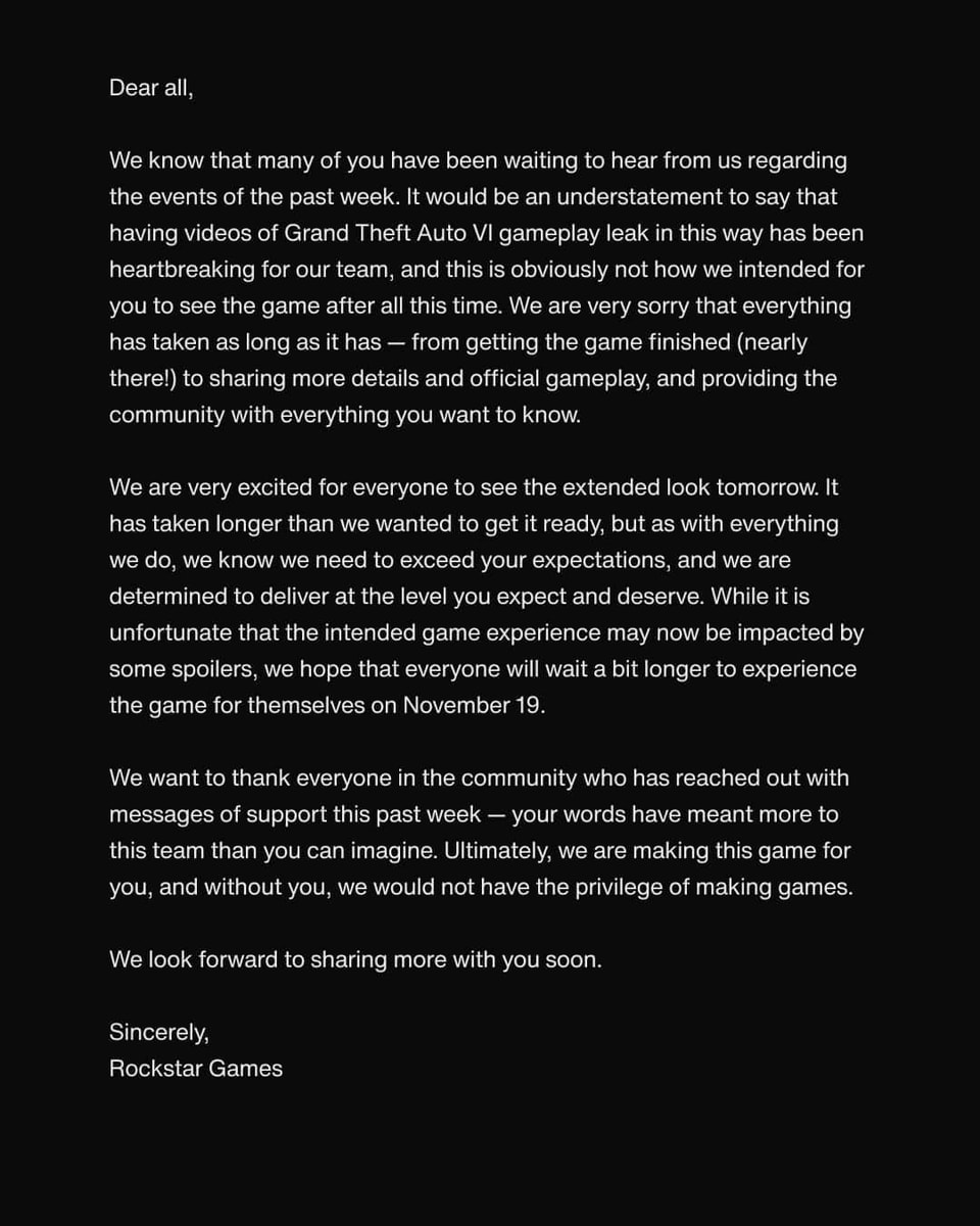 Rockstar Games GTA VI statement (photo 2 of 2)