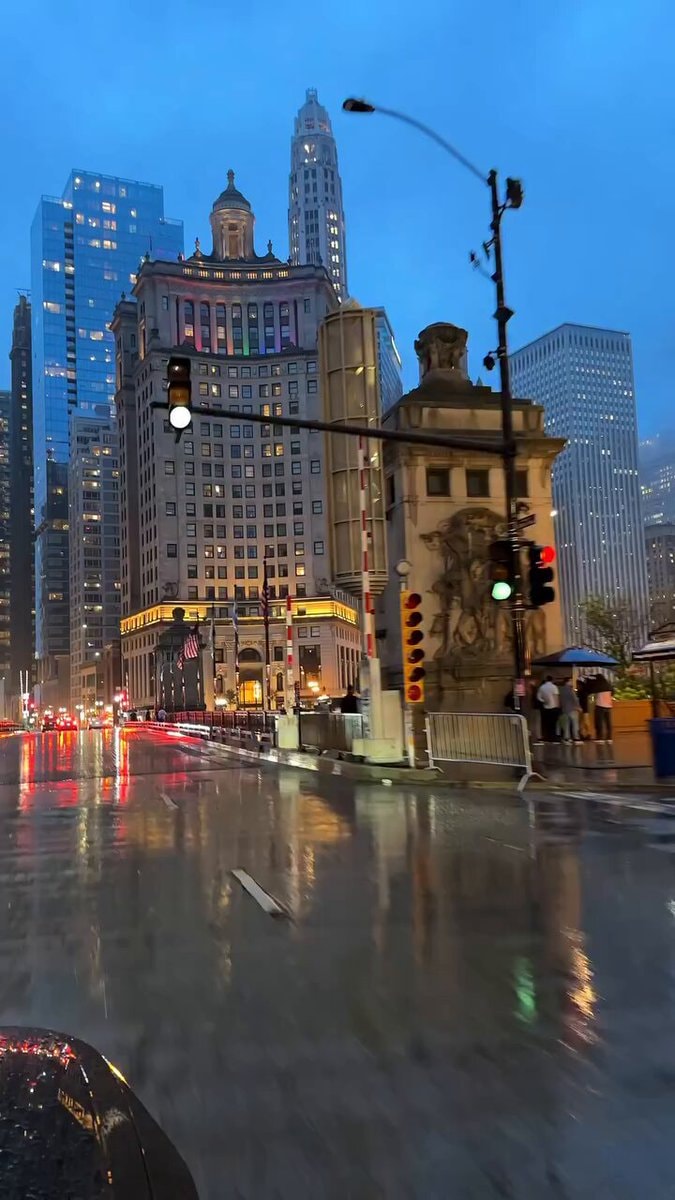 Chicago street at dusk after rain