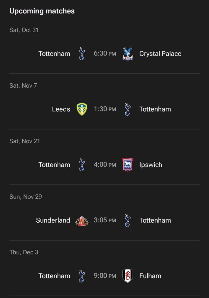 Tottenham upcoming fixtures