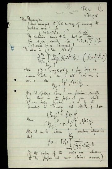 G. H. Hardy letter to Srinivasa Ramanujan