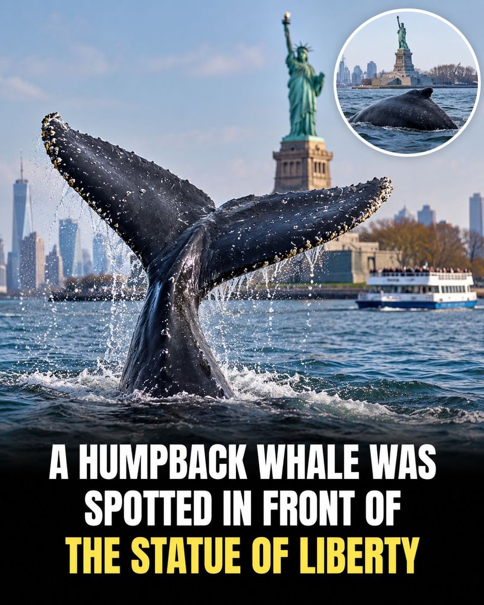 Humpback whale off the Statue of Liberty