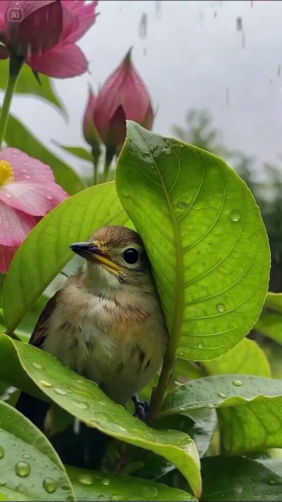 Bird sheltering from rain among flowers