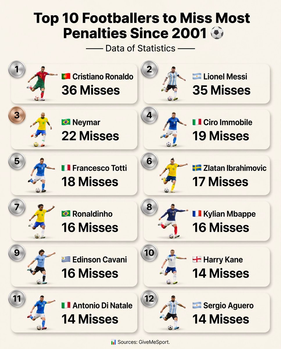 Top 10 Footballers to Miss Most Penalties Since 2001