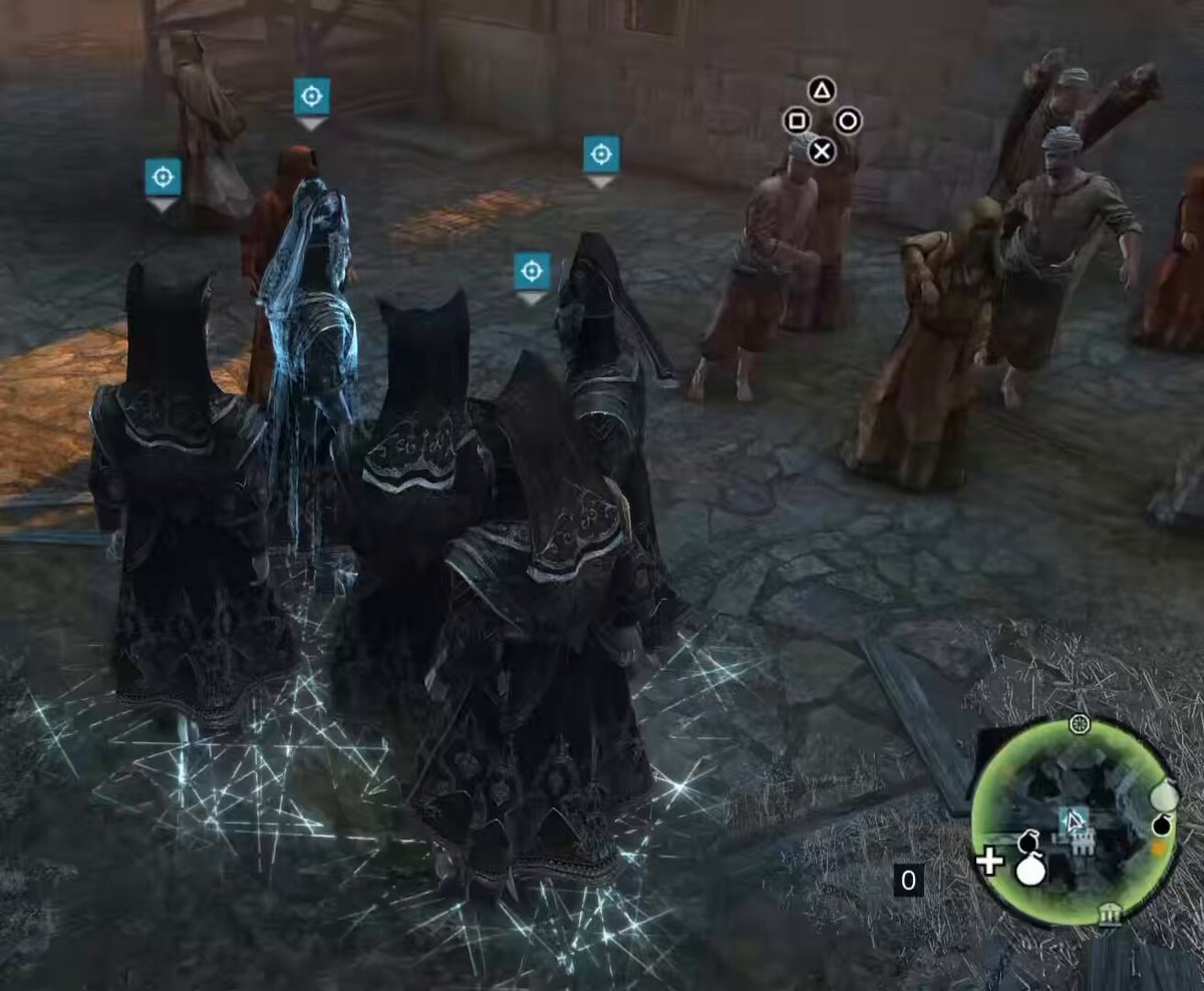 Robed figures courtyard star effect