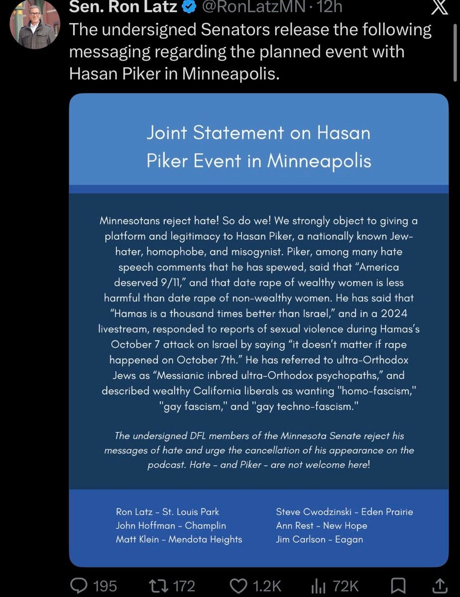 DFL senators statement on Hasan Piker event