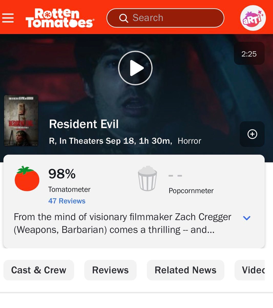 Zach Cregger RESIDENT EVIL 98% Rotten Tomatoes Zach Cregger RESIDENT EVIL 98% Rotten Tomatoes