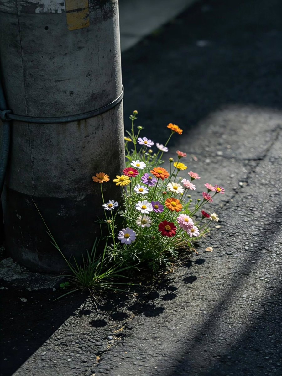 colorful daisies by utility pole