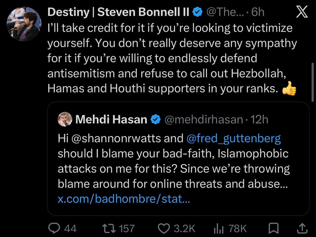 Destiny Mehdi Hasan timeline exchange