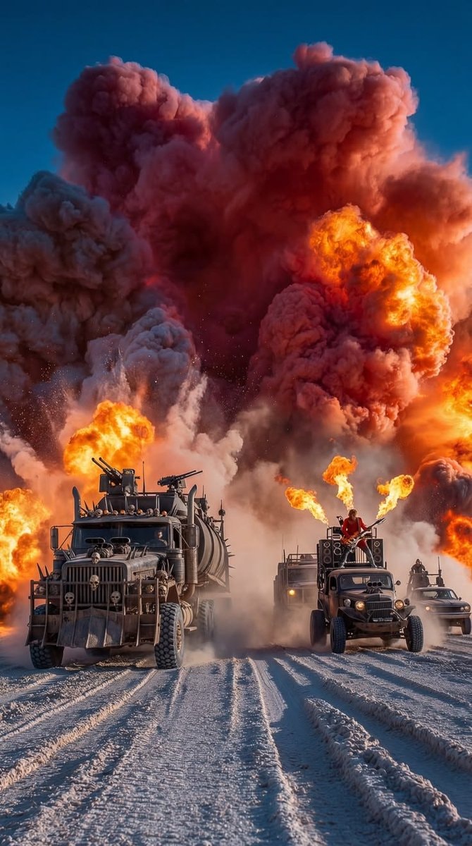 post-apocalyptic convoy explosion scene
