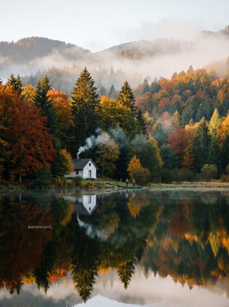 autumn cabin by the lake