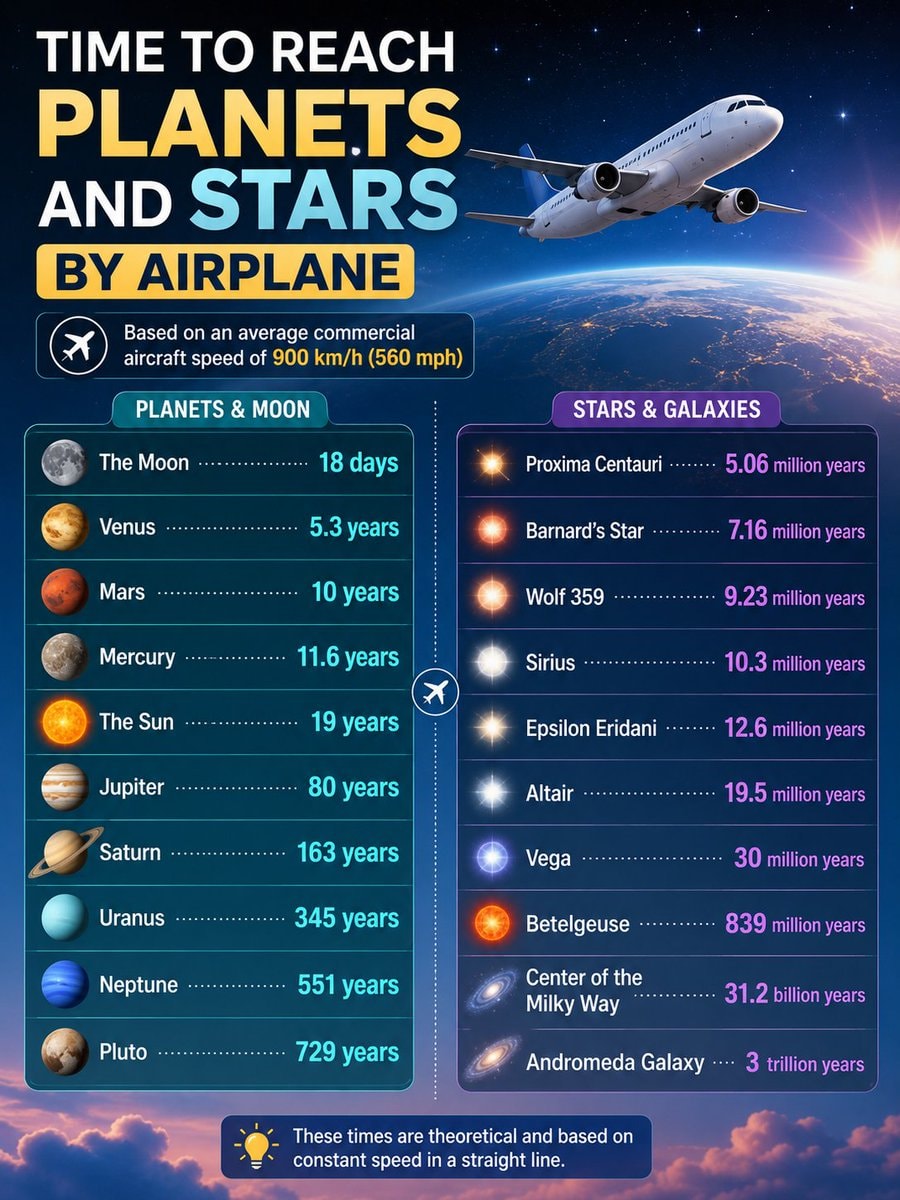 Travel time to planets and stars by airplane