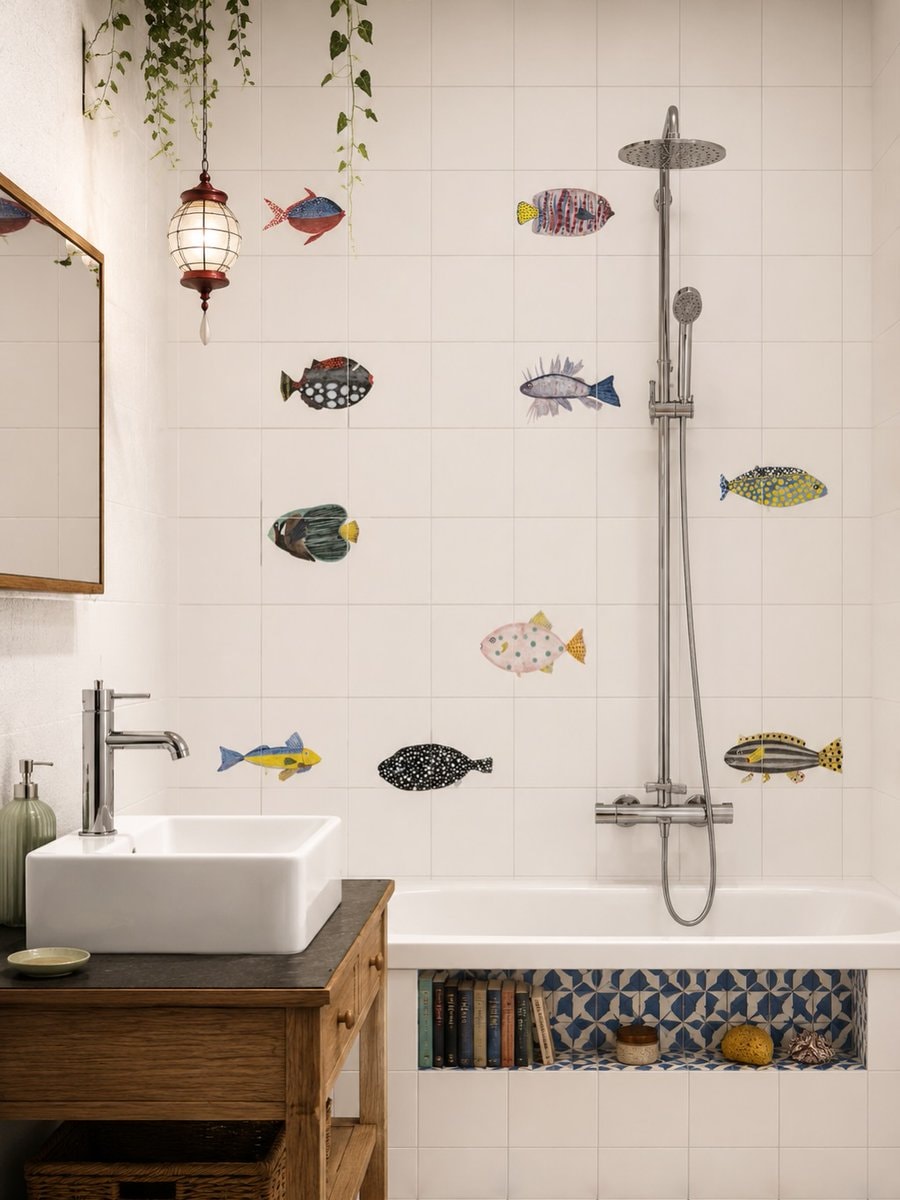 bathroom scene with fish decals