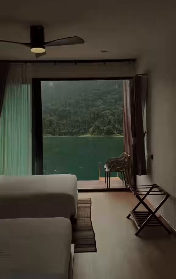 Peaceful hotel room with lake view