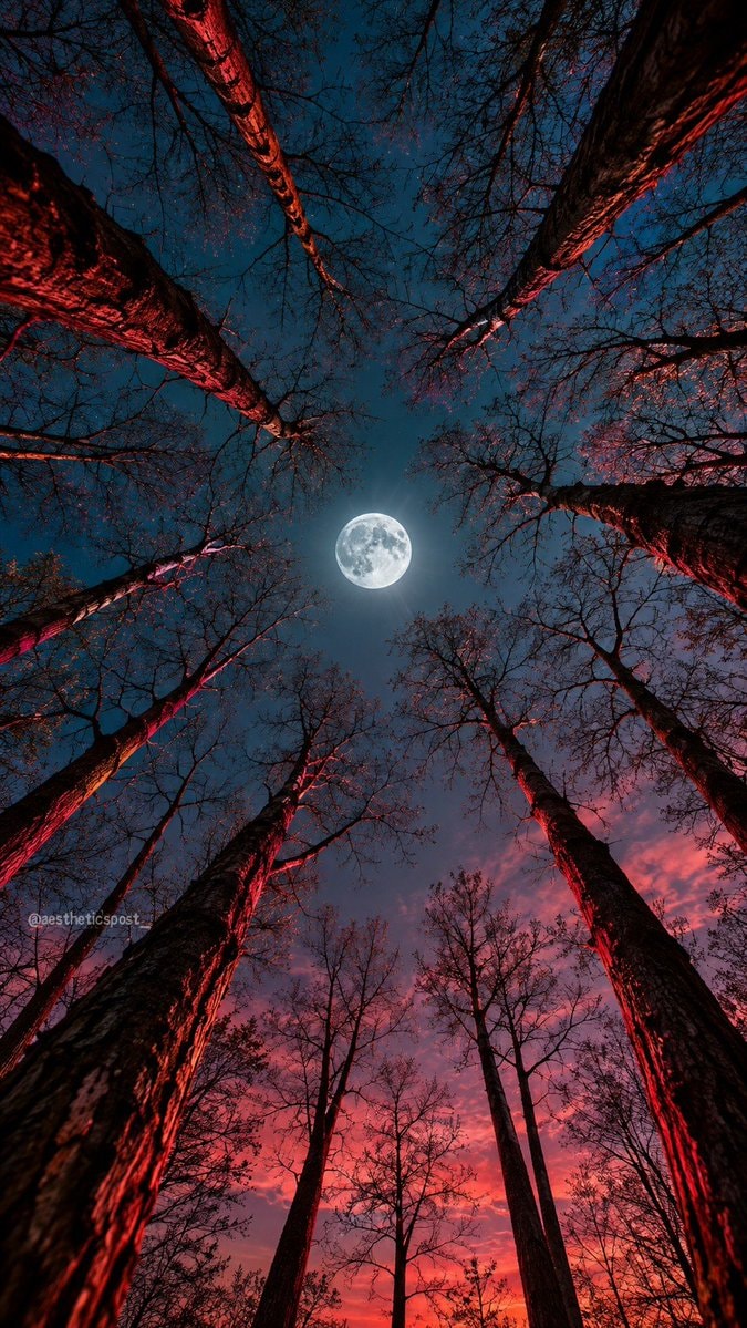 full moon over bare trees