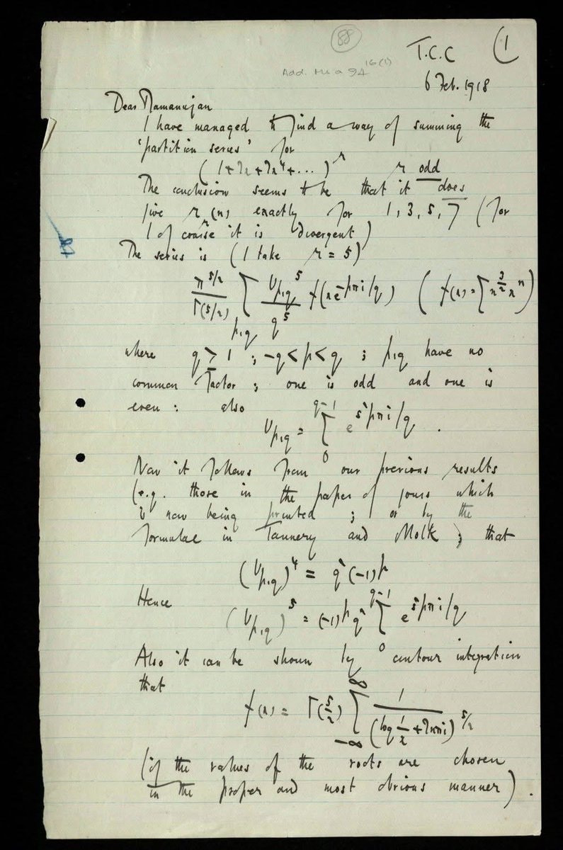 G. H. Hardy letter to Ramanujan 1918