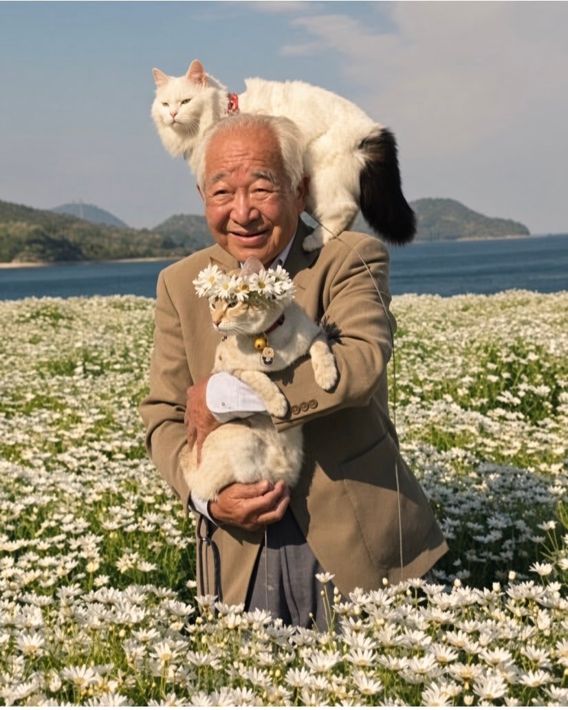 elderly japanese man walking quarreling cats (photo 2 of 2)