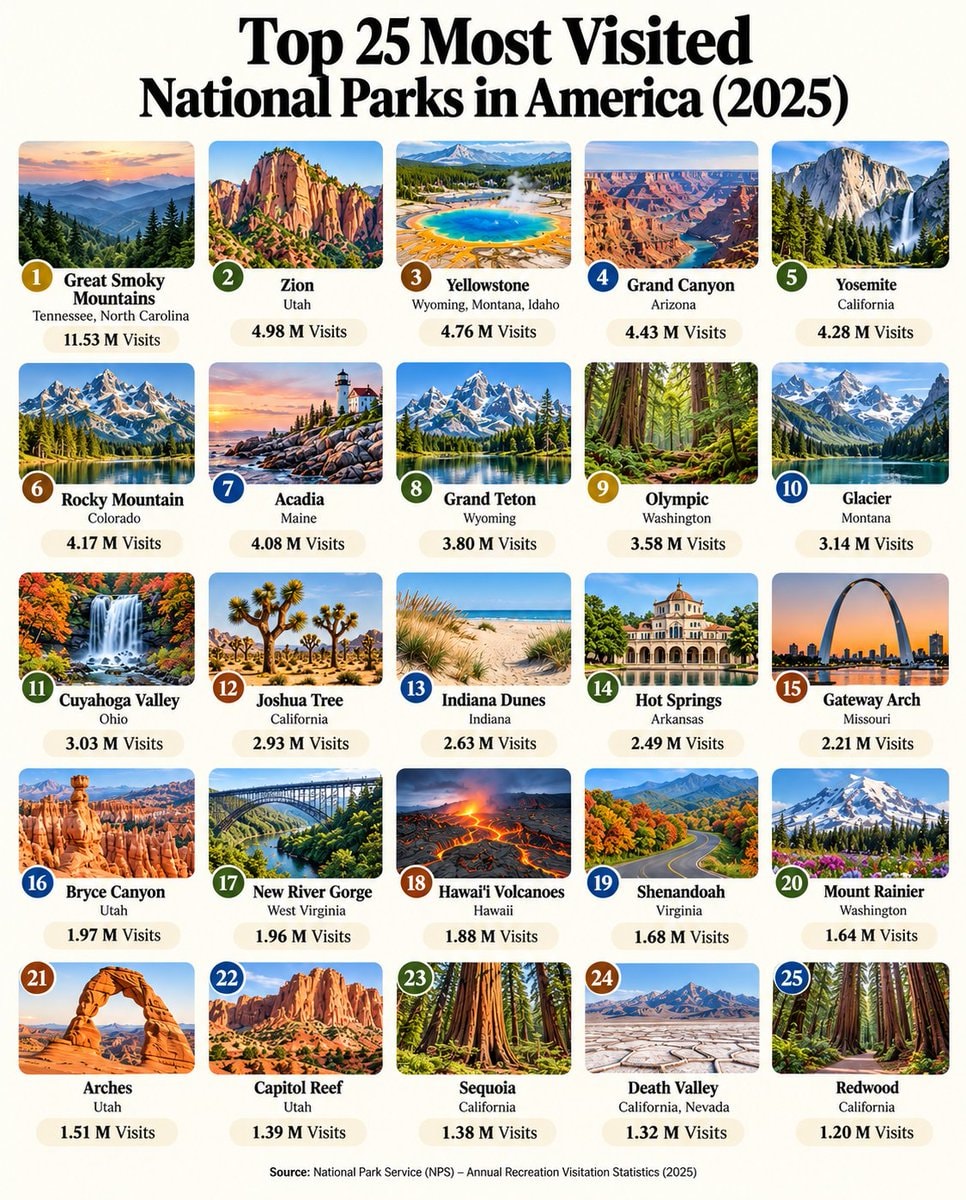 Top 25 Most Visited National Parks in America 2025
