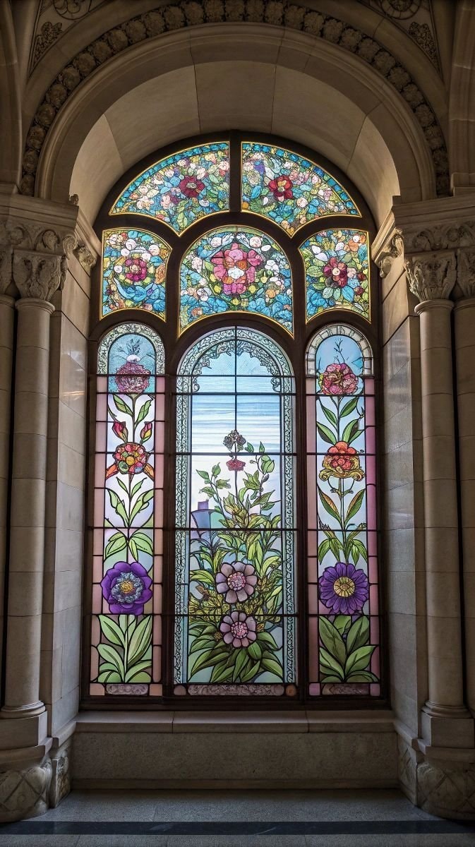 ornate stained-glass window floral design