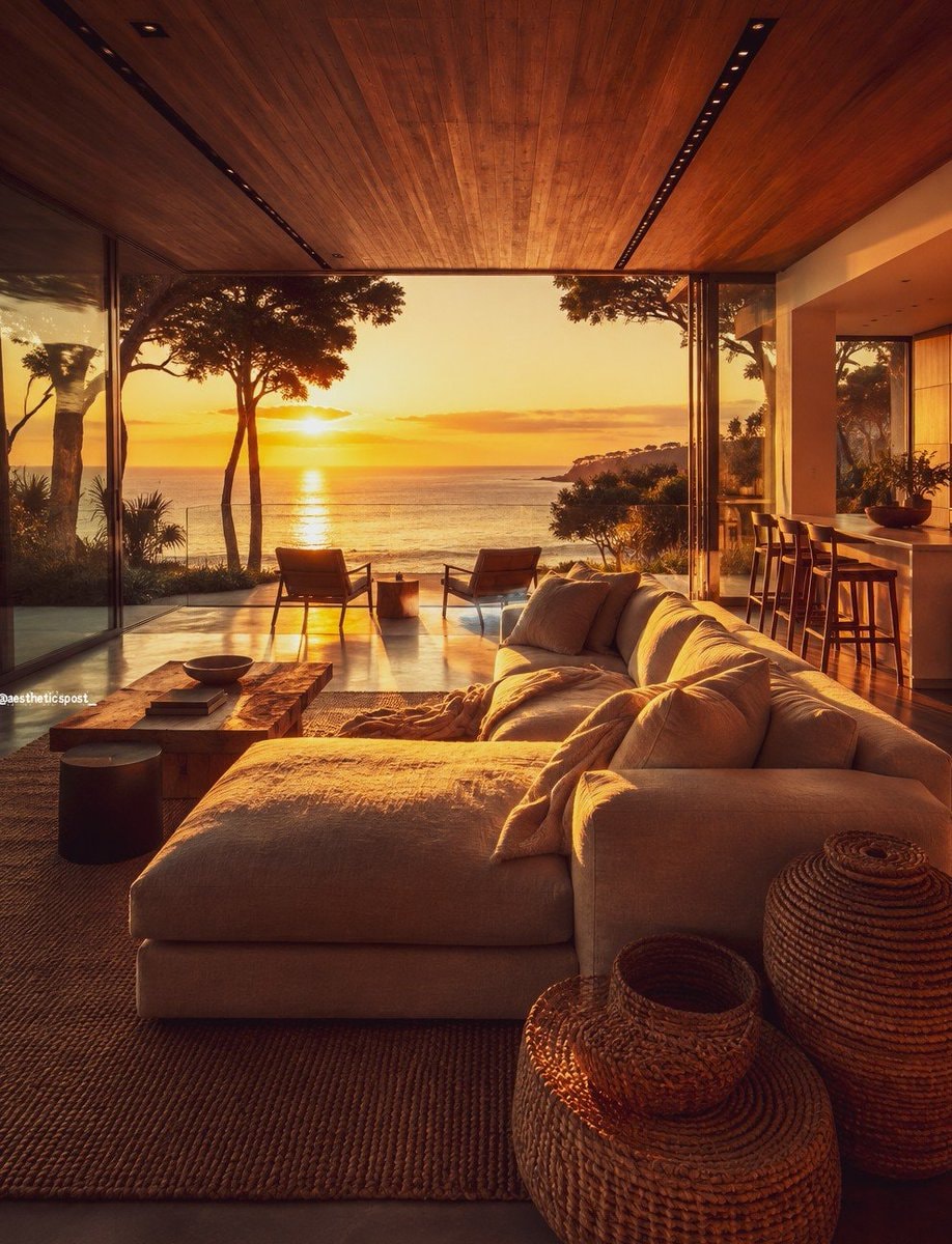 luxury living room ocean sunset