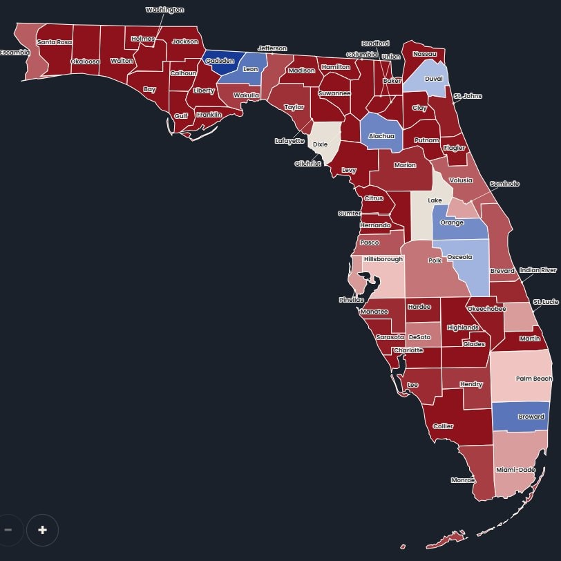 Florida early voting map R+14
