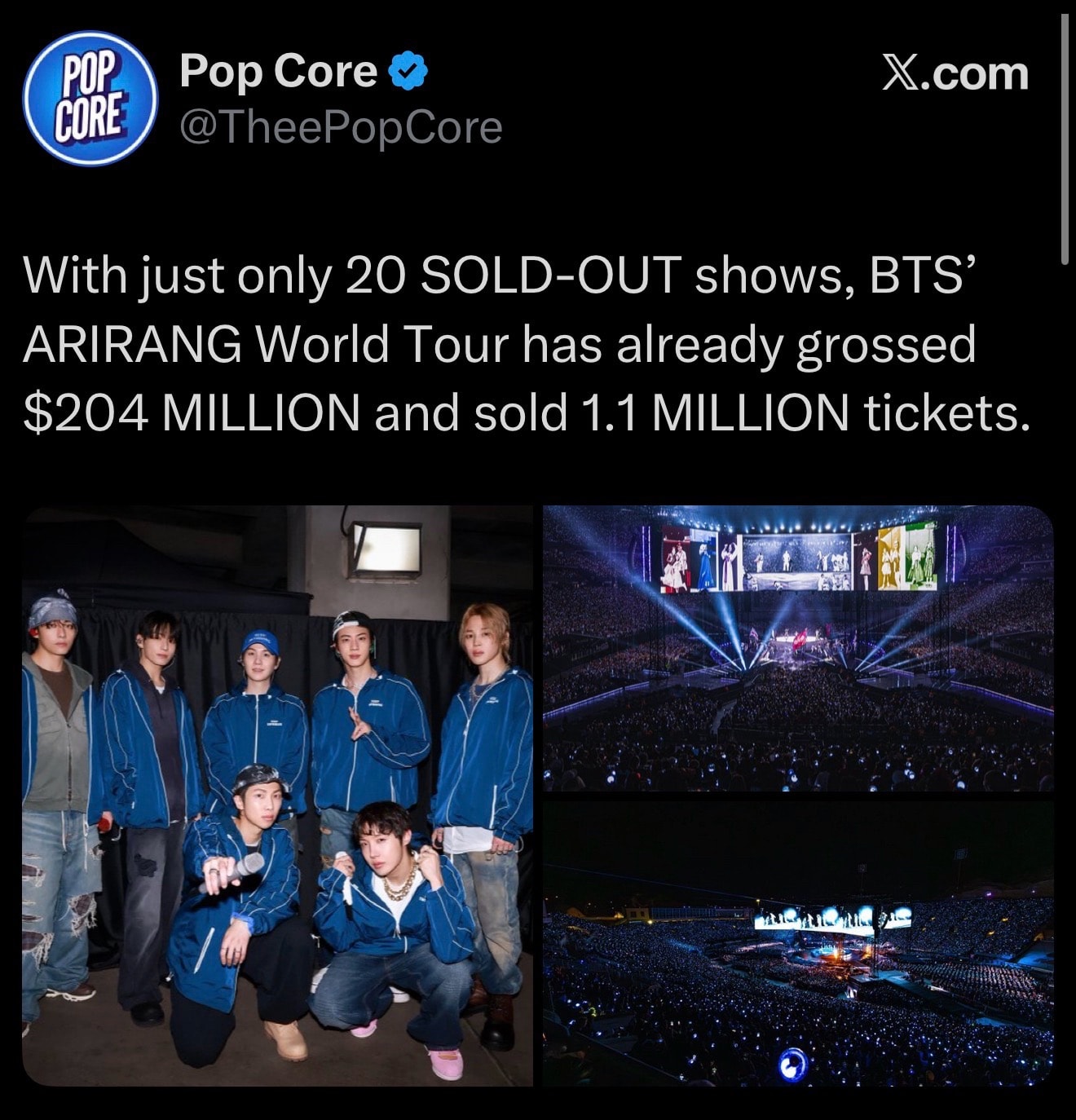 BTS ARIRANG World Tour $204M 1.1M tickets (photo 2 of 2)