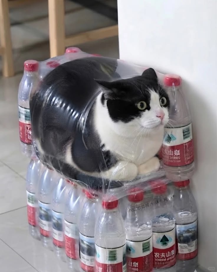 cat in water bottle packaging