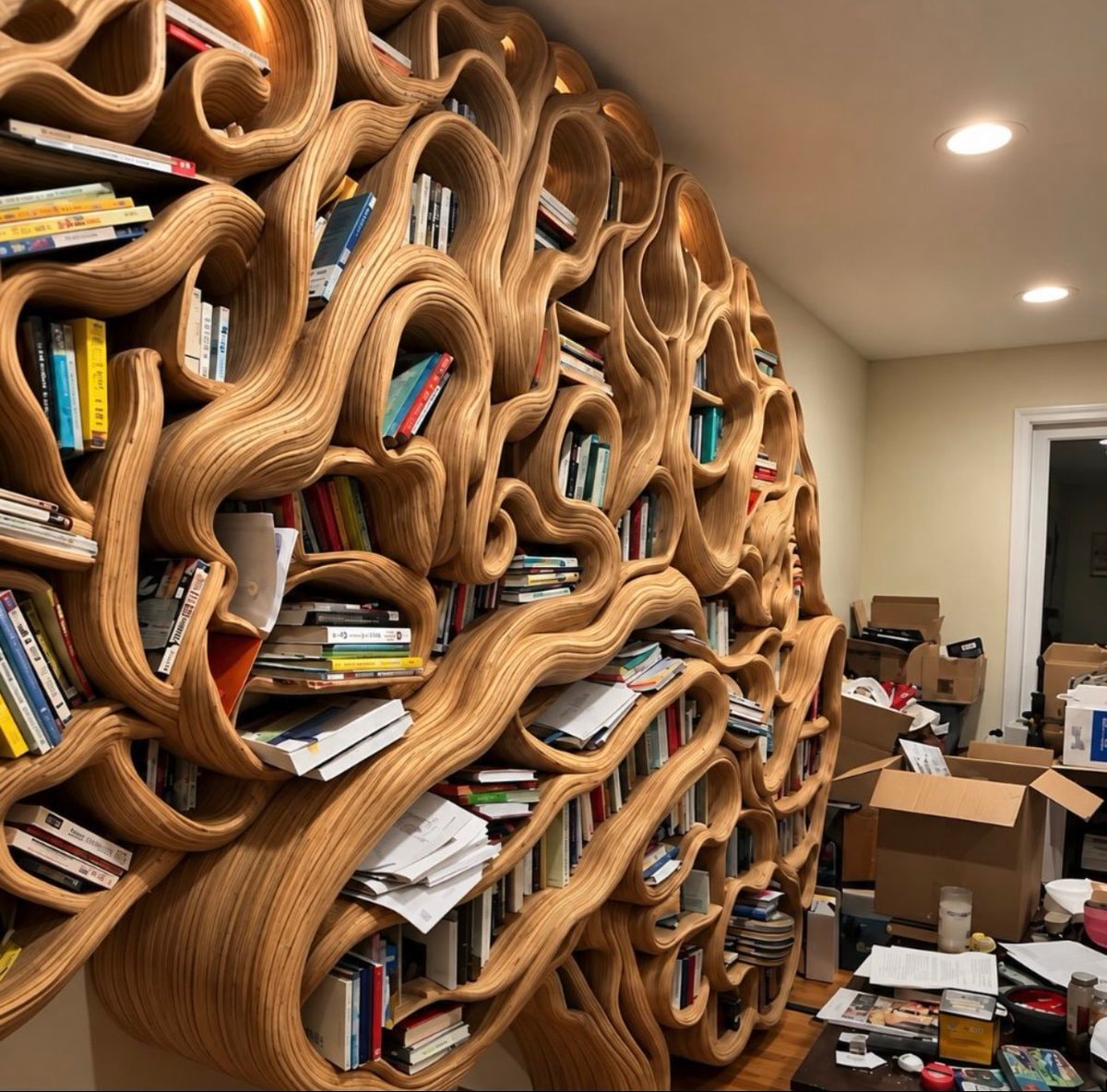 brain-shaped wooden shelves
