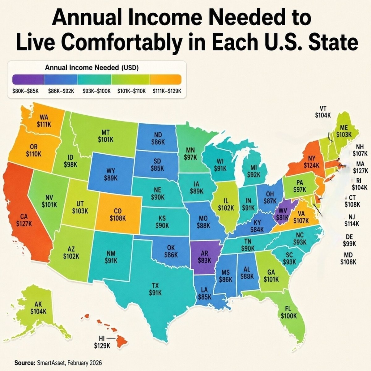 Annual income needed by U.S. State Annual income needed by U.S. State