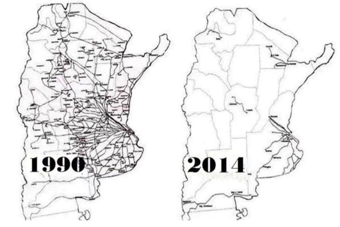 Argentina railway network 1990 vs 2014