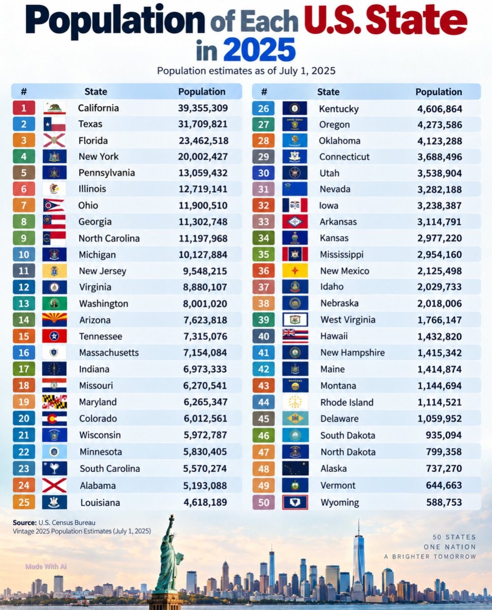 U.S. State Population Rankings 2025