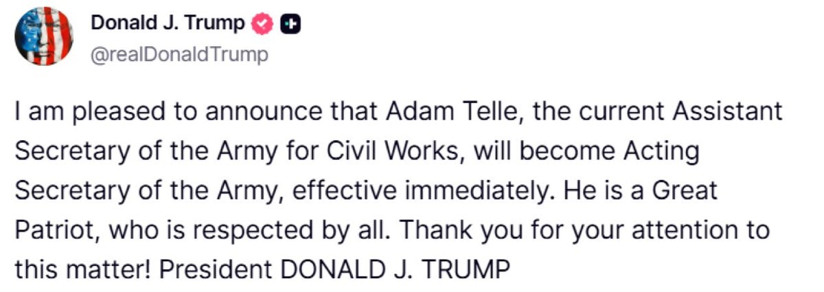 Trump announces Adam Telle as Acting Secretary of the Army Trump announces Adam Telle as Acting Secretary of the Army