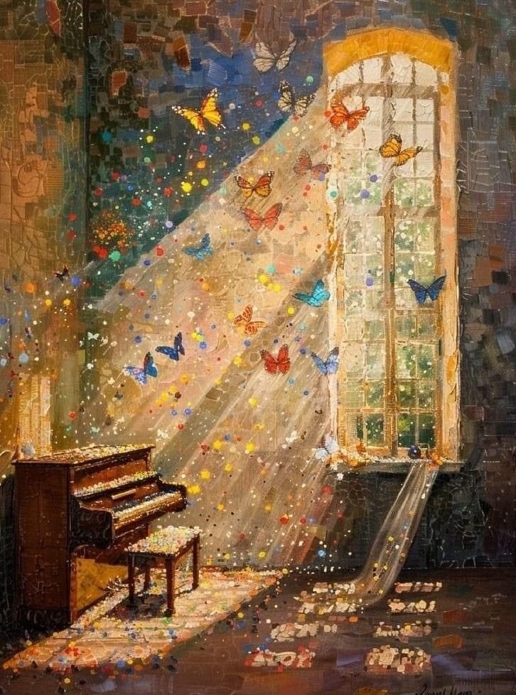 piano and butterflies in sunlight