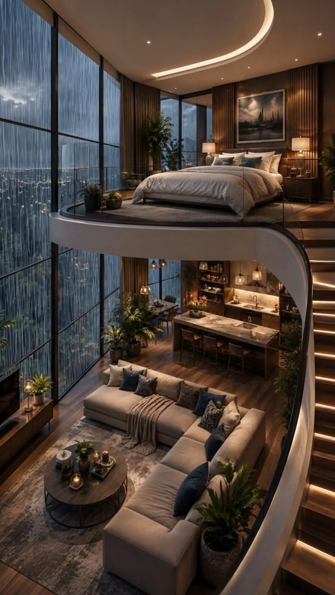 Luxury loft apartment rain at night
