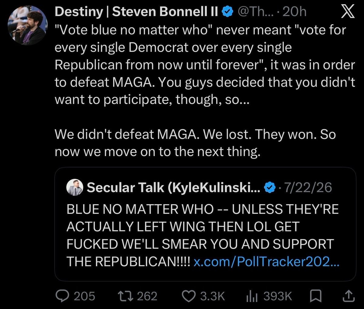 Destiny on MAGA and vote blue no matter who