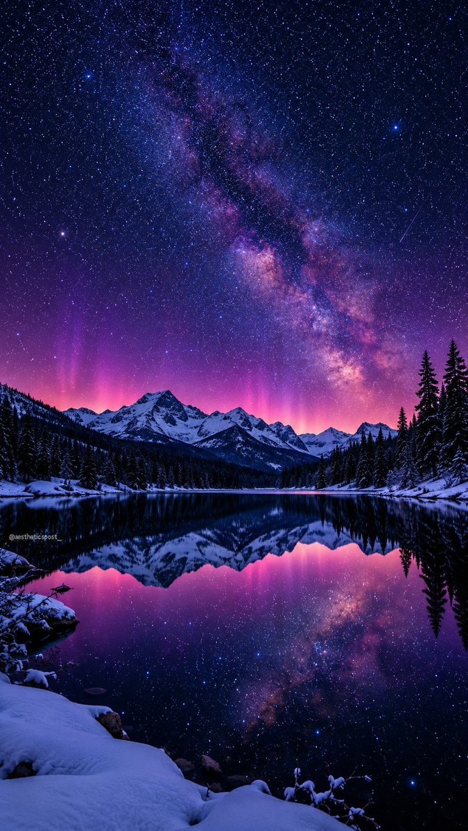 snow mountains aurora borealis lake reflection