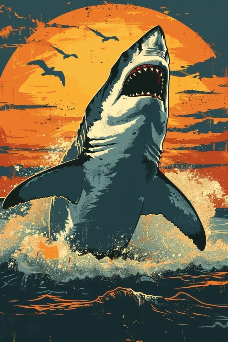 Retro great white shark breach