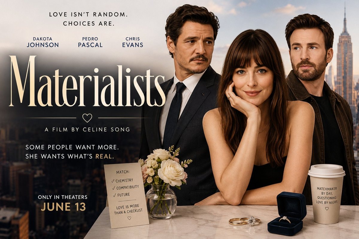 Materialists poster Dakota Johnson Pedro Pascal Chris Evans